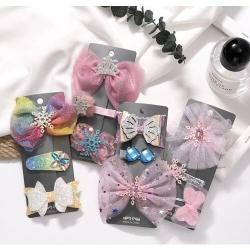 3/4PCS/Set New Cute Chiffon Snowflake Bow Hair Clips For Girls Sweet Princess Hair Ornament Headband Fashion Hair Accessories