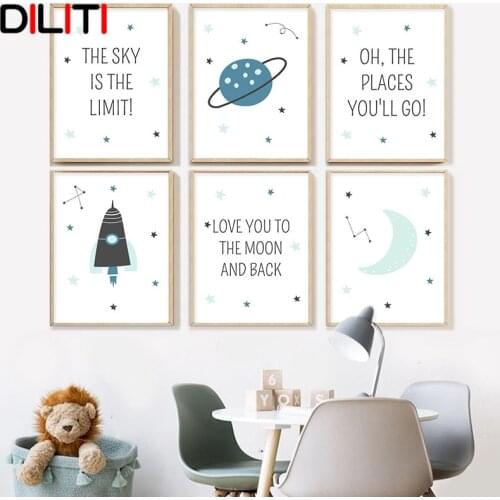 Baby Nursery Cartoon Canvas Wall Art Universe Space Rocket Print Painting Simplicity Picture Nordic Kids Boy Bedroom Decor