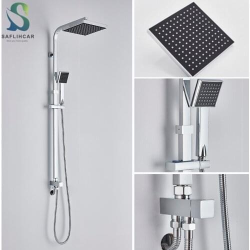 Chrome Bathroom Shower Faucet Set Rainfall Shower Head With Handshower Wall Mount Shower Kit System Adjustable Slide Bar