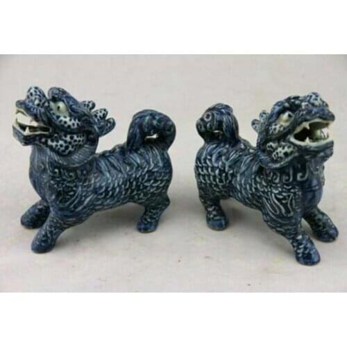 Chinese Old Pair Blue And White Colored Porcelain Kylin Statues