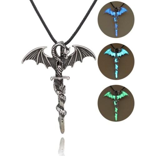 Creative jewelry Europe America fashionable male rock fashion wing dragon ancient silver sword luminous leather rope necklace