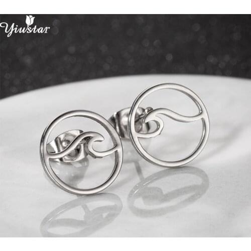 Yiustar Round Earing Fashion Wave Earrings for Women Ocean Beach Jewelry Cute Stainless Steel Stud Earrings Girls Pendientes