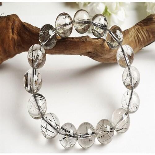 13mm Genuine Natural Black Hair Rutilated Quartz Crystal Transparent Round Bead Stretch Charm Men Bracelet Free Shipping