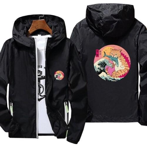 Mens Hooded Zipper Thin Windbreaker Skin Coat Funny cat print Jacket Sports Pilot Cycling Clothing
