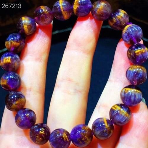 9.6mm Genuine Natural Purple Cacoxenite Auralite 23 Bracelet Women Beads Gold Rutilated Quartz From Canada AAAAAA