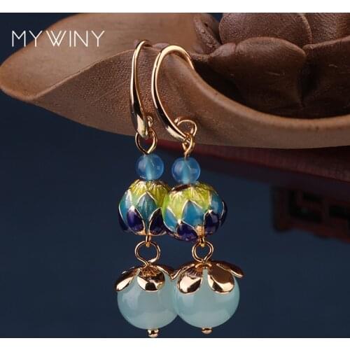 NEW MYWINY Fashion Copper Jewelry Cloisonne Lotus Flowers Vintage Blue Earrings Women Chinese Wind