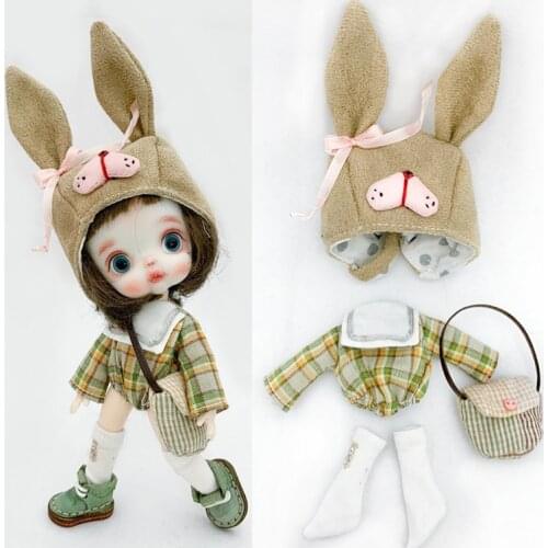Baby Clothes ob11/gsc/ 1/12 bjd Dolls Clothes 4 piece = long-sleeved shirt + rabbit ear hat + socks + school bag