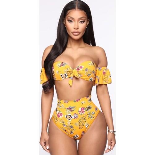 Sexy Plus Size High Waist Bikini Set Women Bandeau Off Shoulder Bathing Suit Bowknot High Cut Out Swimwear Two Piece Swimsuit