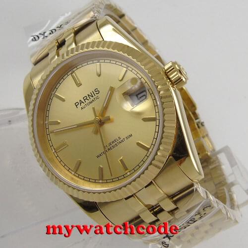 Luxury 36mm Parnis yellow gold dial Date Miyota 8215 automatic mens watch