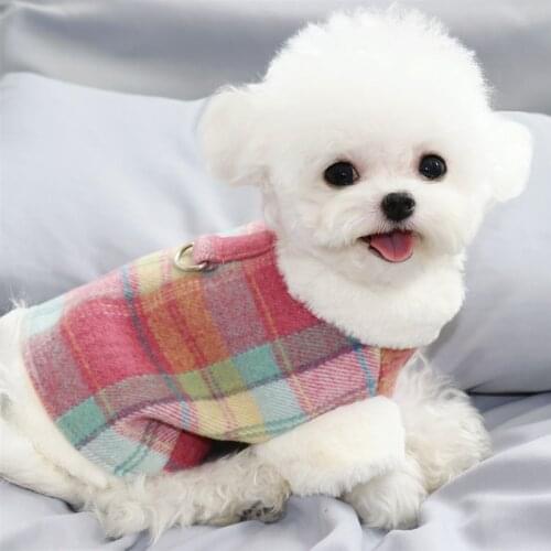 Pink Plaid Dog Jacket Autumn and Winter Thicken Warm Pet Cotton Teddy Pomeranian Open Top Puppy Soft Clothes