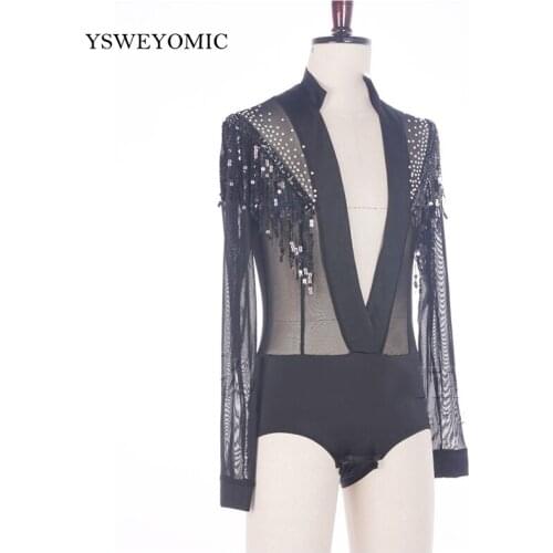 Latin Dance Shirt Waltz Ballroom Standard dance long sleeves Mens Adult V-neck Dance Shirt Leotard Bodysuit Shirt Tops NZ052