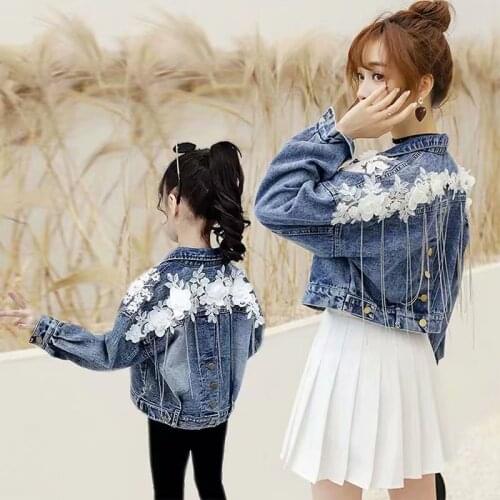 Family matching outfit Kids Denim Jackets Ripped Jeans outerwear & coats Fashion mother & daughter Flower Jackets Spring Autumn