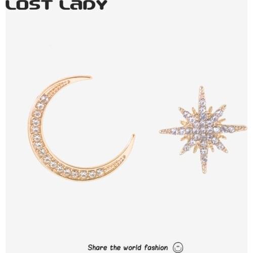 Lost Lady New Trendy Star Moon Stud Earrings Statement Classic Asymmetrical Earrings Exquisite Ear Nail Female Korean Jewelry