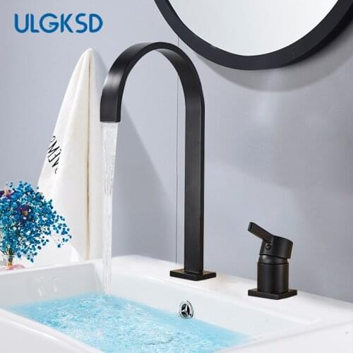 Bathroom Basin Faucets Black Deck Mounted Single Handle Hot Cold Water Mixer Tap 360 Rotation Bathroom Widespread Sink Faucets