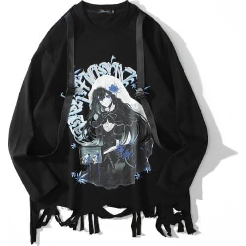 Techwear Hip Hop Adjustable Ribbon Japanese Anime Manga Girl Print Sweatshirt Men Autumn Oversized High Street Cargo Clothing