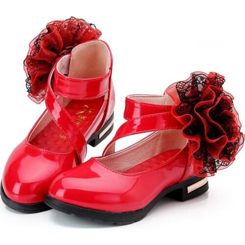 High Heels Flower Girl Shoes Fashion Princess Dress Patent Leather Shoes For Big Kids Black School Autumn Children Shoes 3 -12