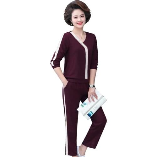 Womens Casual Sports Suits 2021 Spring Jacket+Lenght Pants Two Sets Middle-aged Female Sportswear Suit Plus Size Set 5XL C