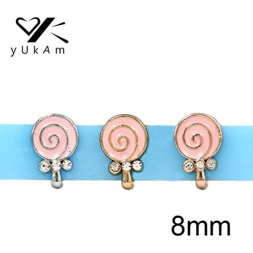 YUKAM Jewelry 8mm Sliders Small Cute Pink Enamel Candy Lollipops Slide Charms Keepers for Kids Mesh Bracelets Accessories Making