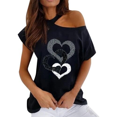 Womens Tops And Blouses Womens Summer Loose Heart Print O-neck Unilateral Off-shoulder Blouse Top Blusas Mujer De Moda 2021