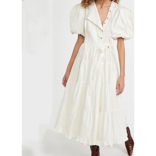 2021 New White Elegant Boho Dress for Women Casual Lose O Neck Puff Short Sleeve Lace Up Bow Chic Midi Dresses Female Robe 617