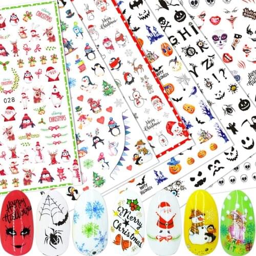 1pcs 3D Nail Slider Christmas Hallowen Sticker tattoo Decals Adhesive Manicure Tips Nail Art Decorations Xmas tree Snowman