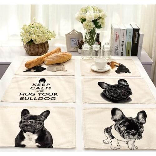1Pcs French Bulldog Dog Pattern Placemat Dining Table Mat Cotton Linen Drink Coaster Cup Mat 42*32cm Kitchen Accessories MA0046