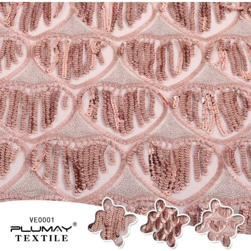100% Polyester rose gold glitter embroidered 5mm sequin tassel mesh fabric for dress