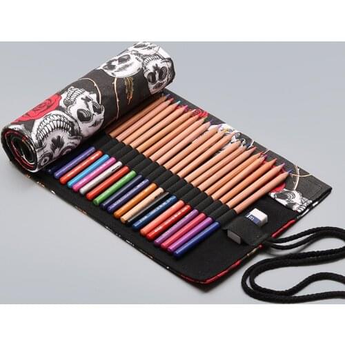 36/48/72 Holes Skull Pattern Canvas Roll Pen Curtain Pencil Bag Case Makeup Wrap Holder Storage Pouch School Supplies