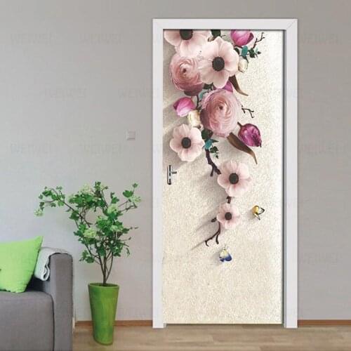 3D Stereo HD Hand Painted Pink Flowers Door Sticker Wallpaper Living Room Bedroom Door Wall Sticker Mural Decals For Home Decor
