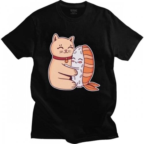 Kawaii Cat And Sushi Tshirt Men Pure Cotton Awesome T-shirt Short Sleeves Cartoon Animal Art Tee Shirt Fitted Summer Clothing