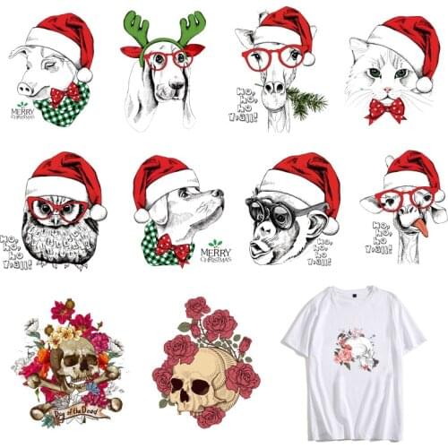 Christmas Animals Patch Punk Skull Patches Iron Transfer for Clothes DIY T-shirt Jacket Washable Stickers Applique Thermal Press
