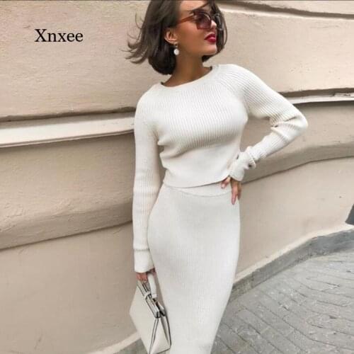 Autumn and Winter Womens Knitted Sweater Dress Two-Piece Womens Slim Short Top Womens Sweater Skirt Suit Womens Clothing