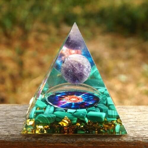 Handmade Orgonite Pyramid 60mm Amethyst Sphere With Malachite HEALING Crystal Reiki Orgone Pyramid Chakra EMF Protection