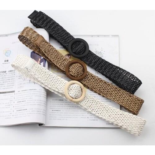 Belts For Women Vintage Boho Braided Waist Belt Black Coffee Female Wide Belt Round Wooden Smooth Buckle Fake Straw