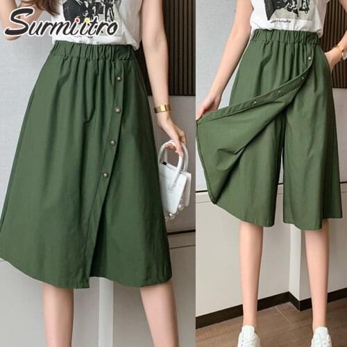 SURMIITRO Fashion 2021 Summer Korean Style Cotton Wide Leg Capris Women Short Pants High Elastic Bud Waist Shorts Skirts Female