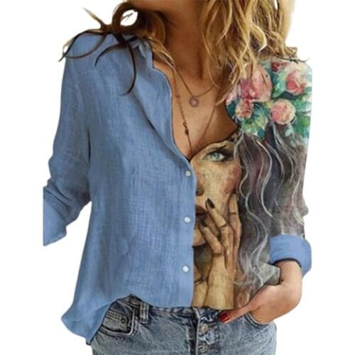 Women Portrait Print Turn-down Collar Button Blouse Shirt 2021 Autumn Long Sleeve Tops Lady New Casual Plus Size Vintage Blouses