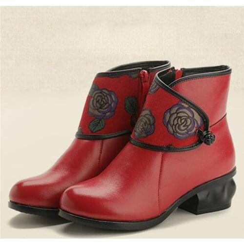 High quality fashion women shoes autumn winter Genuine Leather boots soft bottom print national style short boots shoes