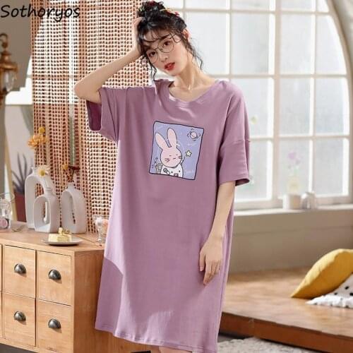 Women Nightgowns Short Sleeve Fashion Loose Casual Comfortable Cotton Soft Ruffles Cartoon Printed Cute Ulzzang Plus Size M-5XL