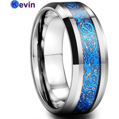 Women Engagemnet Wedding Rings Tungsten Men Rings With Bright Meteorite And Blue Dragon Inlay