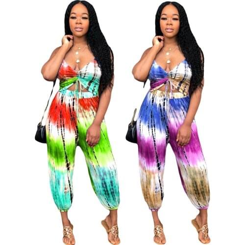 2021 European and American Hot Style Halter Neck Open Back Deep V-Neck Wide Leg Bloomers Printed Jumpsuit