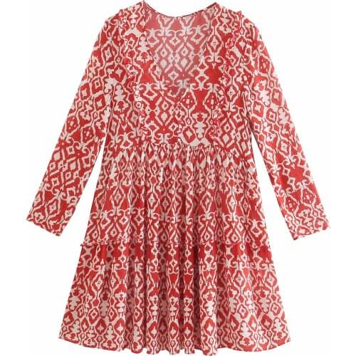 New Women Vogue Printed Mini Dress Three Quarter Sleeves V-Neck Vintage Female Dresses Woman Robe