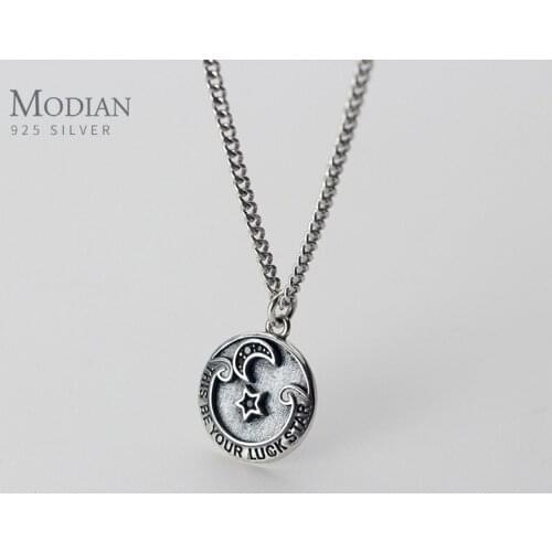 MODIAN Authentic 925 Sterling Silver Vintage Black Zircon Star Moon English Letter Disc Pendant Necklace for Women Fine Jewelry