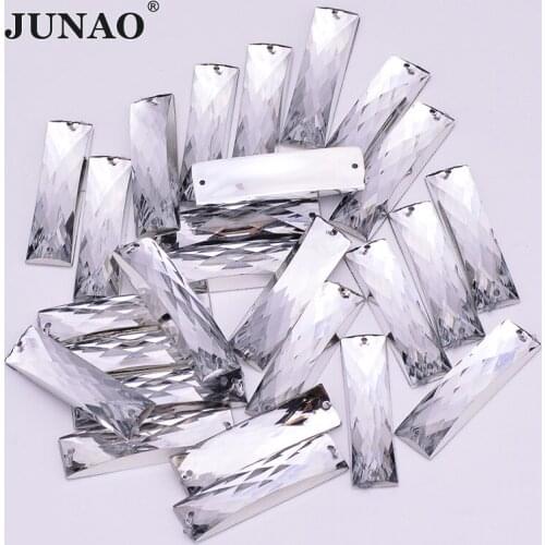 JUNAO 100pcs 7*26mm Clear White Color Sewing Rhinestones Rectangle Crystal Stones Sew On Acrylic Gems For DIY Needlework Crafts