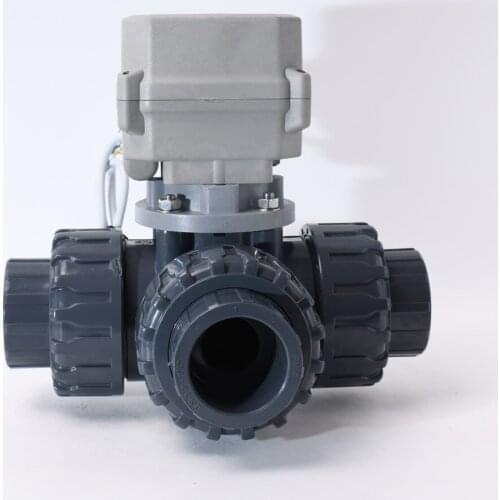 3-Way DN32 1 1/4'' UPVC Motorized Ball Valve DC12/24V Electric Motor Valve With Manual Override