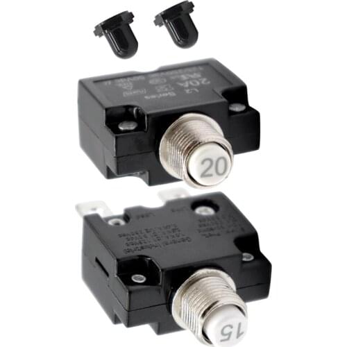 5pcs 15/20A Push Button Circuit Breaker 50V DC or 125/250V AC, Mounts in 3/8 inch (10 mm) Round Hole, Black Button Caps