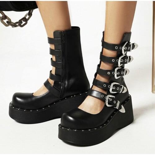 Black British Style Women Summer Boots Fashion Zipper Platform Women Shoes Square Heel Round Toe Motorcycle Boots Spring Autumn