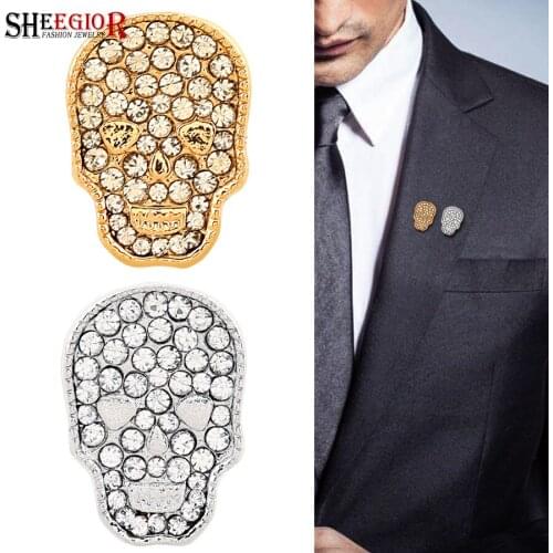 SHEEGIOR Lovely Gold Skull Brooch Men Lapel Pin Badge Crystal Rhinestone Small Collar Brooches Fashion Jewelry Women Accessories
