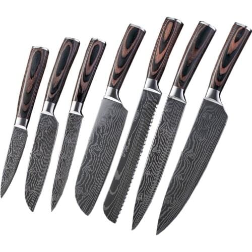 DAOMACHEN 7 sets kitchen knives Laser Damascus pattern chef knife Sharp Santoku Cleaver Slicing Utility Knives Free shipping