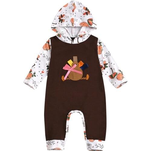 Infant Newborn Baby Girls Boys Children Turkey Romper Long Sleeve Crew Neck One-Piece Button Cartoon Pattern Thanksgiving Suit