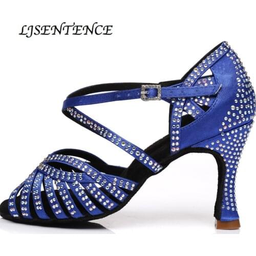 Women Party Dance Shoes Latin Dance Heels Satin Shining Rhinestones Suede Soft Bottom Woman Salsa Dance Shoes heel 6CM 10CM Blue